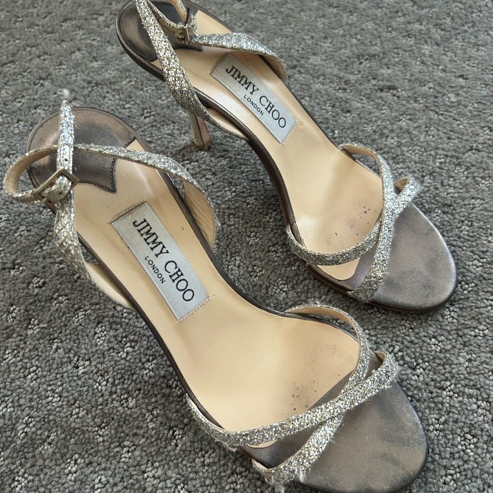 Jimmy Choo Silver Glitter Strappy Heels